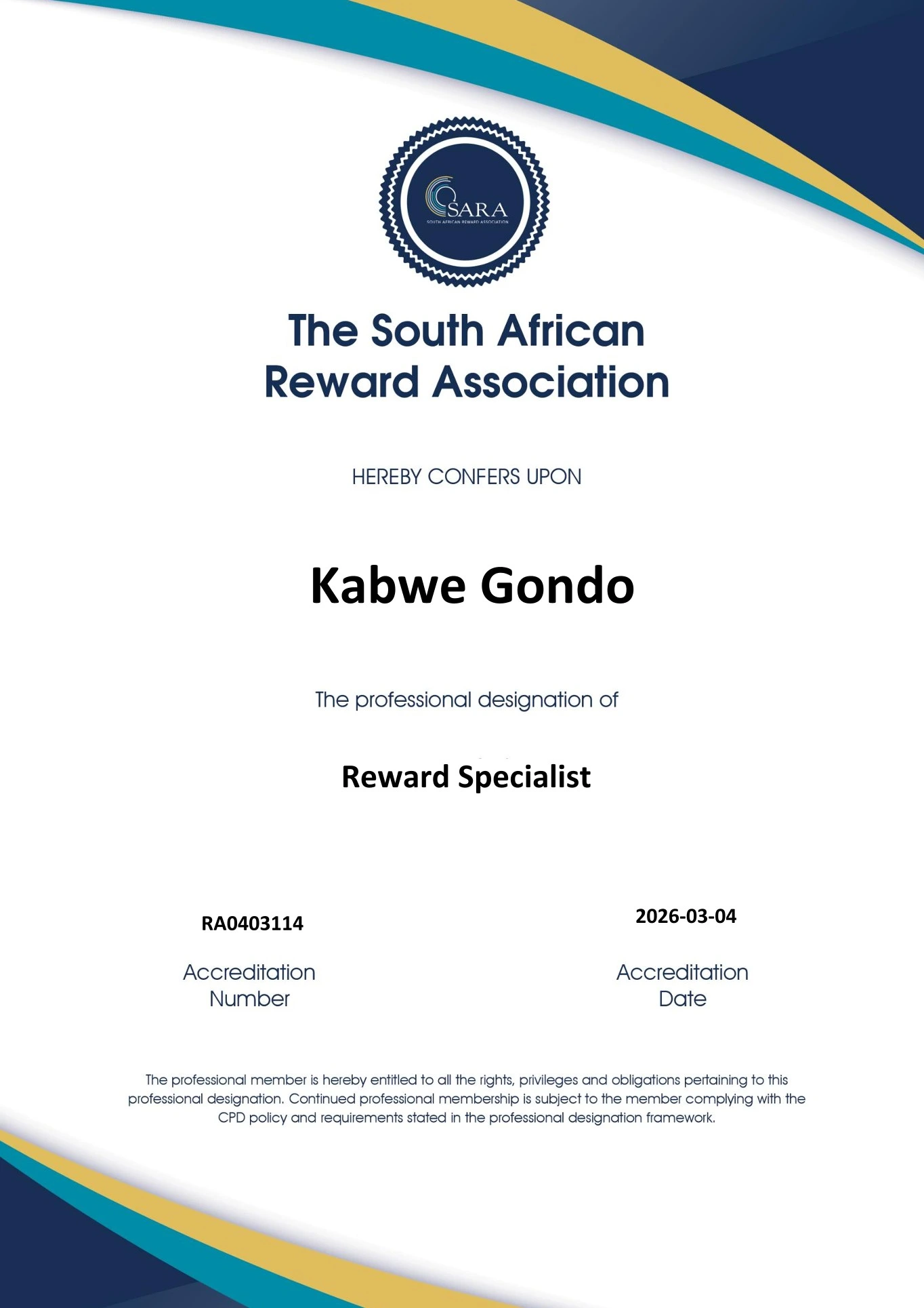 SARA Reward Specialist Certificate